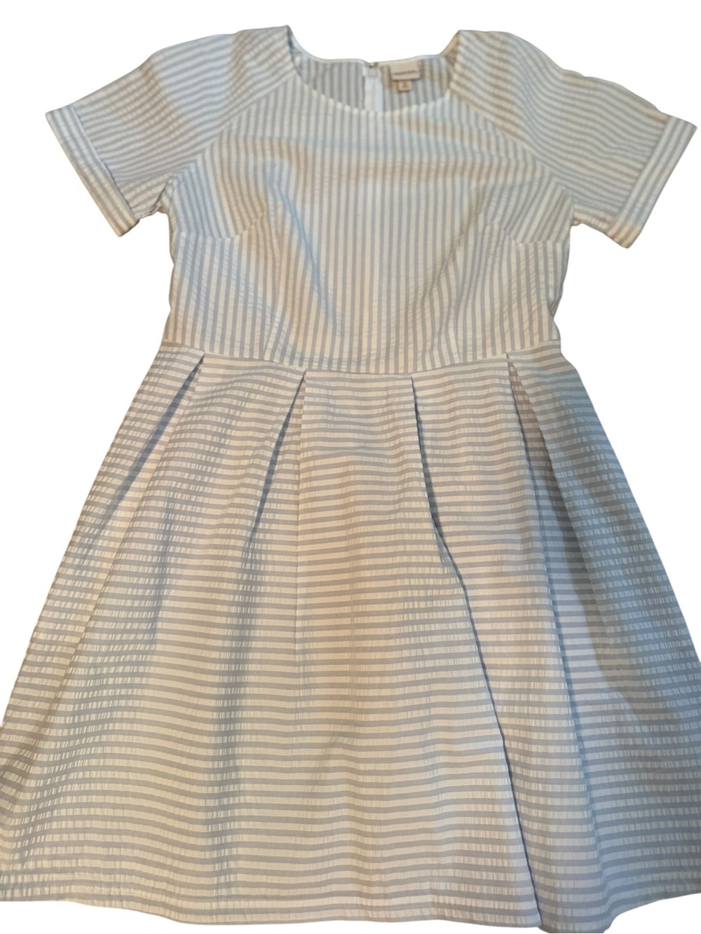 Cotton Blue & White Seersucker Pleated Dress Size 10 Coastal Preppy Old Money